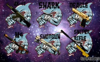 Иконки оружия на фоне акулы